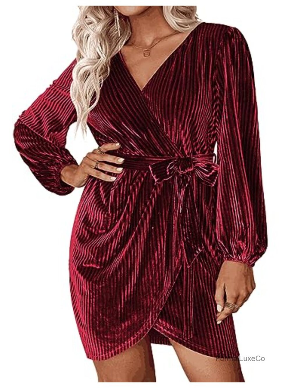 Plus Size Velvet Wrap Mini Dress Long Sleeve V Neck Cocktail Party